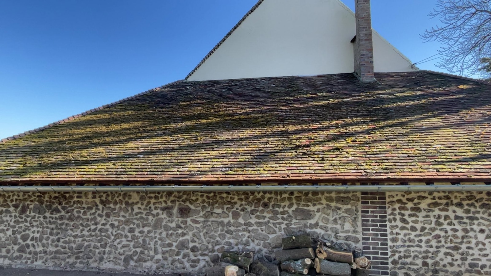 Avant : toiture en petites tuiles d'une dépendance couverte de mousse, Précy-sur-Vrin